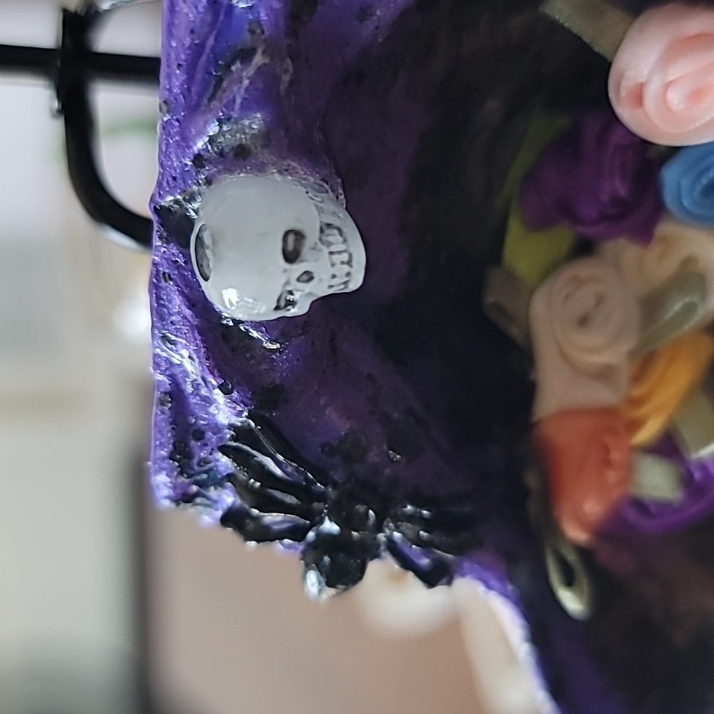 Spirited Purple Skull Art Sea Shell. Embellished with Flower, Spiders & Skull. - Picture 3 of 5